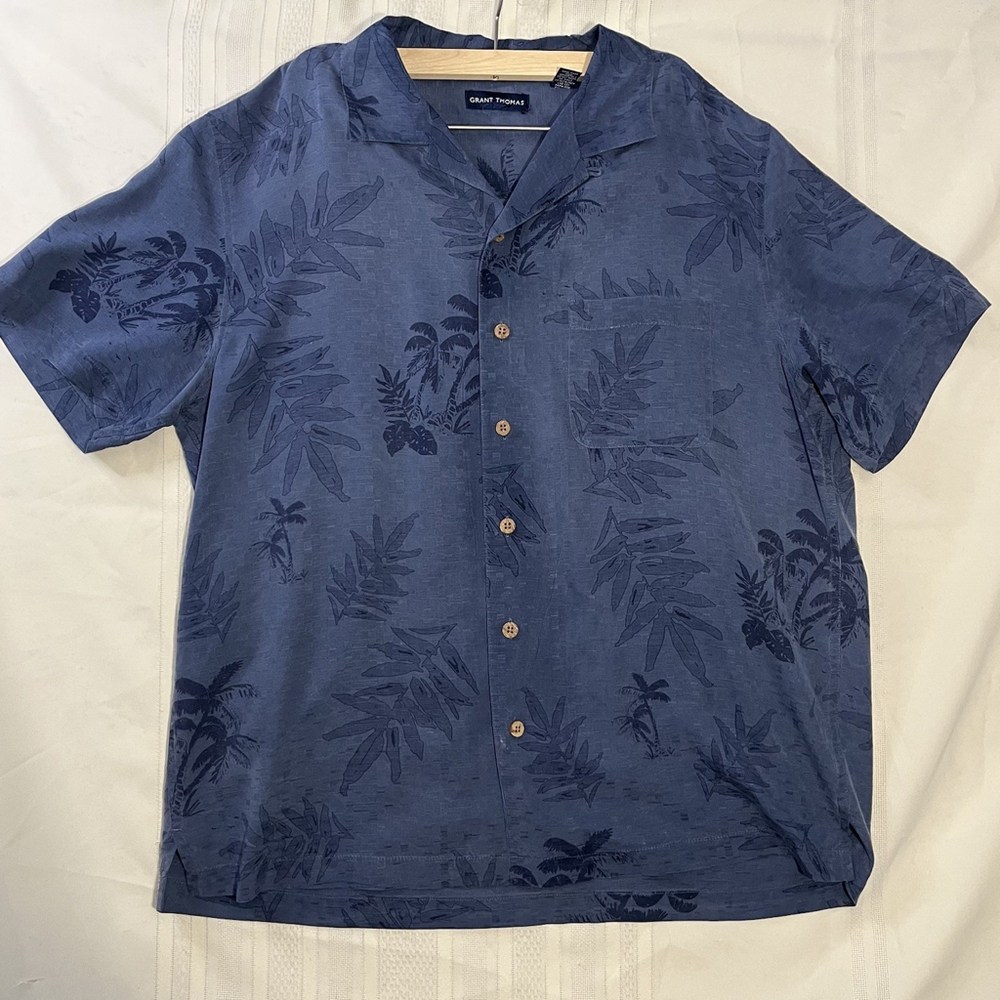 Grant Thomas 100% Silk Men’s Large Shirt Palm Tree Floral Button Up Blue Resort